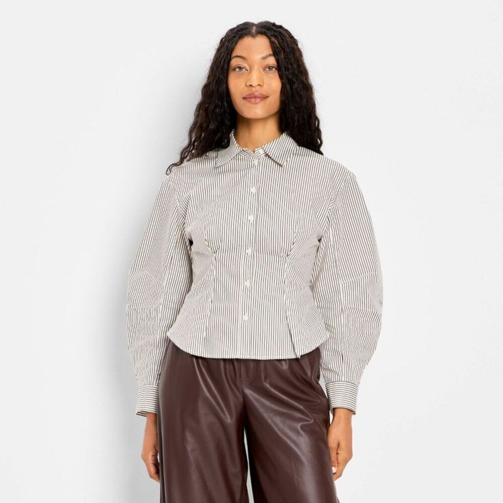Women's Barrel Long Sleeve Collared Button-Down Shirt - Brown Striped S